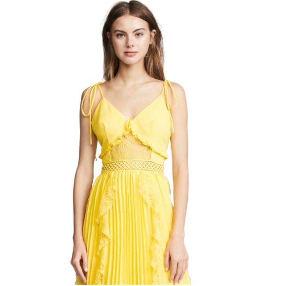 TRUE DECADENCE Yellow Midi Pleated Dress Lace Inset Size M - Picture 1 of 11